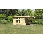 Karibu Gartenhaus Blockbohlenhaus Gerätehaus Bastrup 7 im Set mit Anbaudach 2 m breit naturbelassen 539x297x222 cm