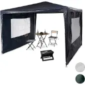 Relaxdays Pavillon 3x3 m, 2 Seitenteile, Metall Gestell, PE Plane, Fenster, Festival Partyzelt, Geschlossen, Grün