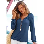 s.Oliver Red Label Langarmshirt "mit Bindeband in Lederoptik am Ausschnitt, Boho-Style" leichtes Viskoseshirt, lockere Passform mit elastischen Abschlüssen