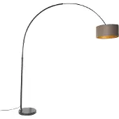 QAZQA Bogenleuchte Schwarz mit Samtlampenschirm Taupe mit Gold 50 cm XXL
