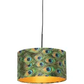 QAZQA - Klassisch I Antik Hängelampe I Pendellampe I Pendelleuchte mit Veloursschirm Pfau mit Gold I Messing 35 cm - Combi I Wohnzimmer I Schlafzimmer - Textil Zylinder I Länglich I Rund - LED geeigne