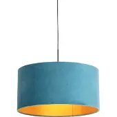 QAZQA - Landhaus I Vintage I Rustikal Hängelampe I Pendellampe I Pendelleuchte mit Veloursschirm blau mit Gold I Messing 50 cm - Combi I Wohnzimmer I Schlafzimmer - Textil Zylinder I Länglich I Rund -