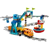 LEGO DUPLO Güterzug, „Push & Go“-Lok mit Lichtern und Geräuschen, Funktionssteinen und 2 Kranen, Spielzeug für Mädchen und Jungen ab 2 Jahren 10875