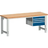 Bott Werkbank cubio, manuell höhenverstellbar, Rotbuchenholz Platte 40 mm, B 1500 x T 750 x H 740–1140 mm, Stahlgestell, 1200 kg, enzianblau/lichtgrau