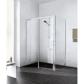 Kermi Duschtür Gleittür 2-teilig bodenfrei mit Festfeld rechts für Nische und Ecke „LIGA“ 200 cm Glas Klar, Profile Silber Mattglanz, Schiebetür zweiteilig