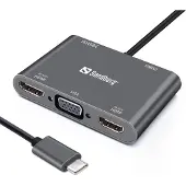 Sandberg USB-C Dock 2xHDMI+1xVGA+USB+PD, Kabelgebunden, USB 3.2 Gen 1 (3.1 Gen 1) Type-C, Grau, 4K Ultra HD, 3840 x 2160 Pixel, 1920 x 1080 Pixel