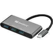 Sandberg USB-C to 3xUSB 3.0 Hub + PD, USB 3.2 Gen 1 (3.1 Gen 1) Type-C, USB 3.2 Gen 1 (3.1 Gen 1) Type-A, 5000 Mbit/s, Aluminium, Weiß, Aluminium, RoHS compliance