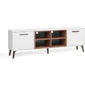 Beliani TV Möbel Weiß Braun Spanplatte Gummibaumholz 60 x 180 x 40 cm Modern Elegant Praktisch Multifunktional 2 Schränke Wohnzimmer