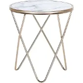 Beliani Beistelltisch Weiß Gold Sicherheitsglas Metall 50 x 55 cm V förmigen Füße Couchtisch Glänzend Marmor Optik Rund Modern