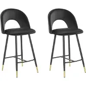 Beliani Barstuhl 2er Set Schwarz Samtstoff mit Schwarz-Goldenen Metallbeinen Fußstütze Glamouröser Look Modern Esszimer Wohnzimmer Küche Sitzmöbel