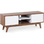 Beliani Fernsehtisch Dunkler Holzfarbton Weiß MDF Platte Holzfurnierte MDF Platte 53 x 142 x 40 cm Modern Glamourös 2 Fächer 2 Schränke Wohnzimmer
