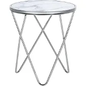 Beliani Beistelltisch Weiß Silber Sicherheitsglas Metall 50 x 55 cm V förmigen Füße Couchtisch Glänzend Marmor Optik Rund Modern
