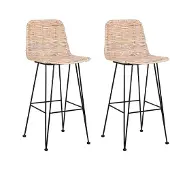 Beliani Barstuhl 2er Set Naturfarben Rattan mit Lehne Fußstützen Metallbeine Boho Design Thekenstuhl Küchenstuhl Wohnzimmer Küche Bar Wohnküche