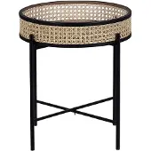 Beliani Beistelltisch Beige Rattan Rund 36 cm mit Metallgestell Schwarz Wiener Geflecht Boho Stil Wohnzimmer Schlaffzimmer Sofatisch