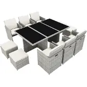 TecTake Aluminium Rattan Sitzgruppe Schutzhülle umklappbare Rückenlehnen 6 Stühle 4 Hocker 1 Tisch Light Grey