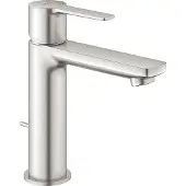 GROHE Lineare Einhand-Waschtischbatterie, S-Size, Zugstangen-Ablaufgarnitur, Ausladung 128mm, 32114DC1, Farbe: Supersteel