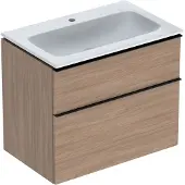 Geberit iCon Set Möbelwaschtisch mit Unterschrank, 2 Schubladen, 75x63x48 cm, 502336, 502.332.JH.1, Farbe: Waschtisch: weiß/KeraTect, Front/Korpus: Eiche/Melamin Holzstruktur, Griff: lava/