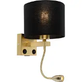 QAZQA - Modern Art Deco Wandlampe Gold I Messing mit USB und schwarzem Schirm - Brescia I Wohnzimmer I Schlafzimmer I Nachttischleuchte - Stahl Rund - I E27