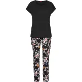 S.oliver Red Label Pyjama , Damen, Gr. 32/34, schwarz, Single Jersey, Obermaterial: 50% Baumwolle, 50% Viskose, geblümt, unifarben, Basic, bequem lang, Rundhals, Homewear-Sets Pyjama, mit Blumenmuster