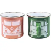 VW Collection T1 Bus Emaille Tassen Set 2 Stück 350 ml Grün / Rosa