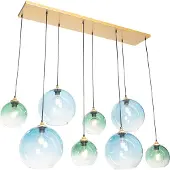 QAZQA - Art Deco Hängelampe I Pendellampe I Pendelleuchte Messing mit blauem und grünem Glas 8 Lichter - Sandra I Wohnzimmer I Schlafzimmer - Länglich - LED geeignet E27