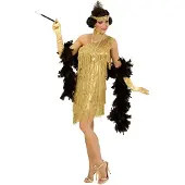 Widmann Charleston Kleid Gold mit Fransen, Halsband, Stirnband und Feder