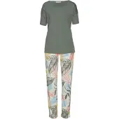 Vivance Pyjama DREAMS, Damen, Gr. 32/34, grün (khaki, gemustert), Single Jersey, Obermaterial: 50% Baumwolle, 50% Viskose, gemustert, loose fit lang, Rundhals, Homewear-Sets Pyjama, mit floralem Druck