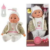 Huismerk LOVELY BABY 02156A - Babypuppe mit Winterkleidung und Trinkflasche, Sternenmuster ca. 32 cm
