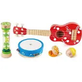 Hape E0339 Mini-Band Set - Ukulele, Tamburin, Kastagnette, Rassel und Regenmacher