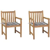 vidaXL Gartenstühle 2 Stk. Graue Karomuster-Kissen Massivholz Teak
