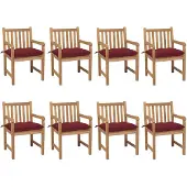 vidaXL Gartenstühle 8 Stk. mit Weinroten Kissen Massivholz Teak