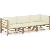 vidaXL 3-tlg. Garten-Lounge-Set mit Cremeweißen Kissen Bambus