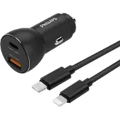Philips Autoladegerät USB A-C - DLP2521C/04 - Schwarz - inkl. USB-C-Lightning-Ladekabel - Zigarettenanzünder - Kompatibel mit iPhone - 36 W Schnellladung