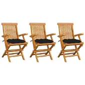 vidaXL Klappstühle mit schwarzen Kissen, 3-teilig, Massivholz Teakholz