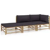 vidaXL 3-tlg. Garten-Lounge-Set mit Dunkelgrauen Kissen Bambus