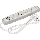 Perel 5-fach Schuko-Steckdose mit 2 USB-Anschlüssen Grau und Weiß