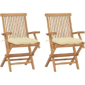 vidaXL Gartenstühle mit Cremeweißen Kissen 2 Stk. Massivholz Teak