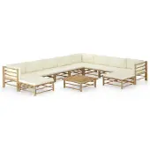 vidaXL 11-tlg. Garten-Lounge-Set mit Cremeweißen Kissen Bambus