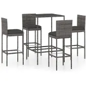 vidaXL 5-tlg. Gartenbar-Set mit Kissen Poly Rattan Grau
