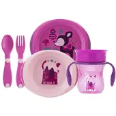 Chicco Baby Geschirr Set, Baby Geschirrset für Essen und Babynahrung, besteht aus 1 x Becher "Advanced Cup", 1 x flachem & tiefem Teller, erstem Baby Besteck, 12M+, rosa
