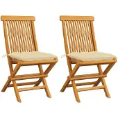 vidaXL Gartenstühle mit Cremeweißen Kissen 2 Stk. Massivholz Teak