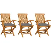 vidaXL Gartenstühle mit Grauen Kissen 3 Stk. Massivholz Teak
