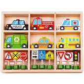 Tooky Toy Fahrzeuge und Straßenschilder aus Holz - Kinder-Spielzeug Verkehrspiel