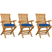 vidaXL Gartenstühle mit Blauen Kissen 3 Stk. Massivholz Teak