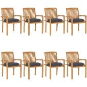 vidaXL Stapelbare Gartenstühle mit Kissen 8 Stk. Massivholz Teak