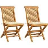 vidaXL Gartenstühle mit Cremeweißen Kissen 2 Stk. Massivholz Teak