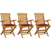 vidaXL Gartenstühle mit Weinroten Kissen 3 Stk. Massivholz Teak