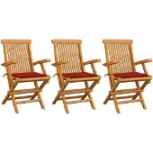 vidaXL Gartenstühle mit Roten Kissen 3 Stk. Massivholz Teak