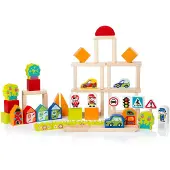 Cubika Set Aus Holzkloegeln Zum Bauen Von Lehrfahrzeugen, Autos, Verkehrszeichen