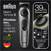 Braun BeardTrimmer 3 BT5360, Waschbar, Akku, Schwarz, Silber
